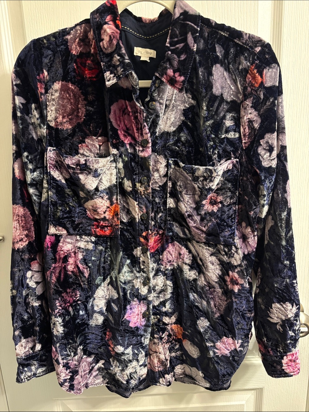 Pilcro Velvet Floral Button-Down Shirt - Navy Multi